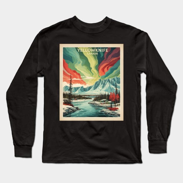 Yellowknife Canada Aurora Borealis Vintage Poster Tourism RIver Long Sleeve T-Shirt by TravelersGems